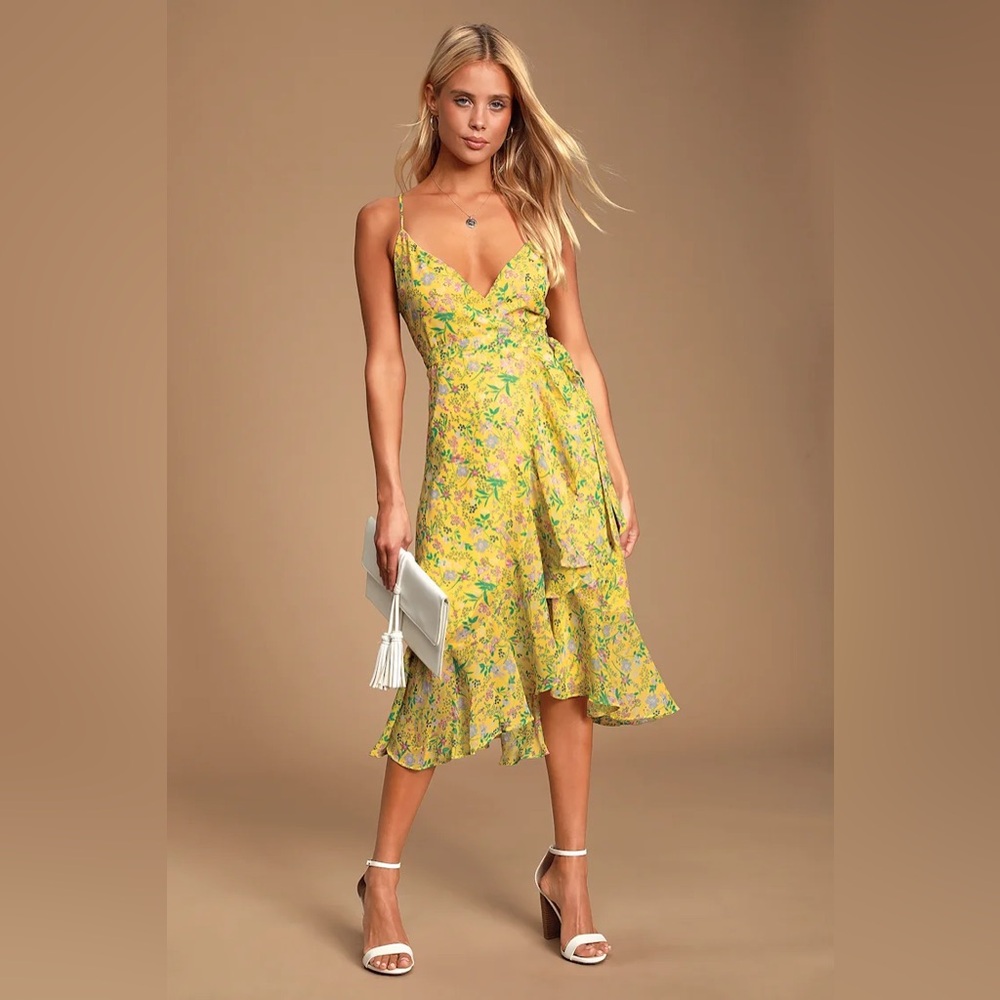 Alexandria Yellow Floral Print Midi Wrap Dress - Lulus